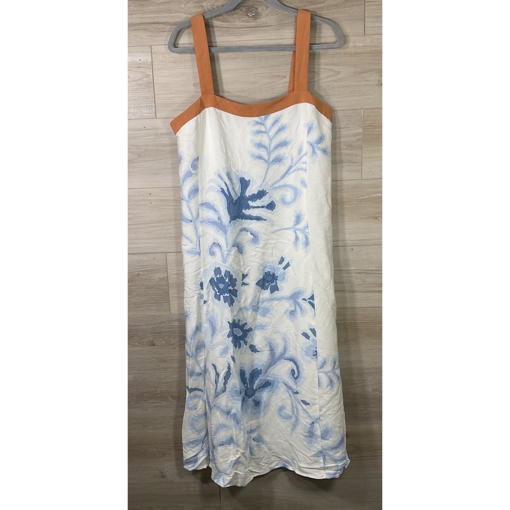 Loft Ann Taylor White Blue Sleeveless A Line Dress Women's 12P Coastal Beachy